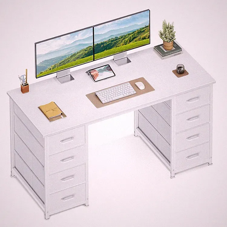Coleshome Schreibtisch 120x48cm Weiß 8 Stoffschubladen Retro Kompakt Büro Möbel