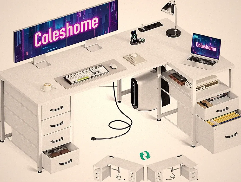 Coleshome Schreibtisch mit Stoff Schubladen, Umkehrbarer Schreibtisch L Form mit