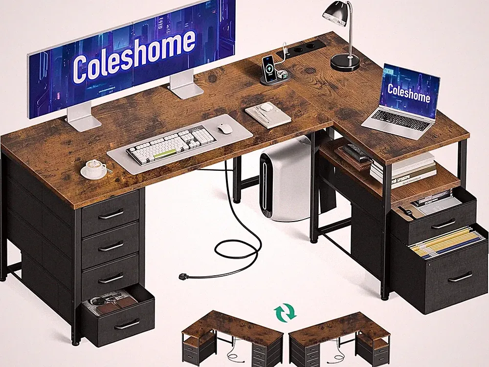 Coleshome Schreibtisch Stoff Schubladen, 140x80cm Umkehrbar Schreibtisch Braun