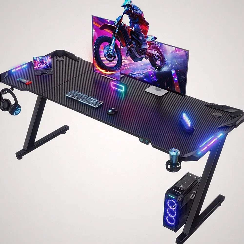 Computerdesk LED Schreibtisch 160x60 Gaming Tisch Cupholder Haken Schwarz Rot