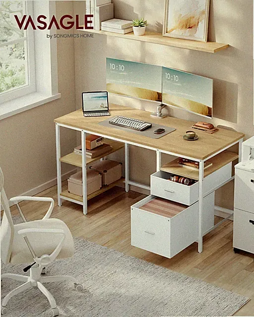 Computertisch, Bürotisch, Schreibtisch, mit 3 Ablagen, 2 Schubladen, fürs Büro