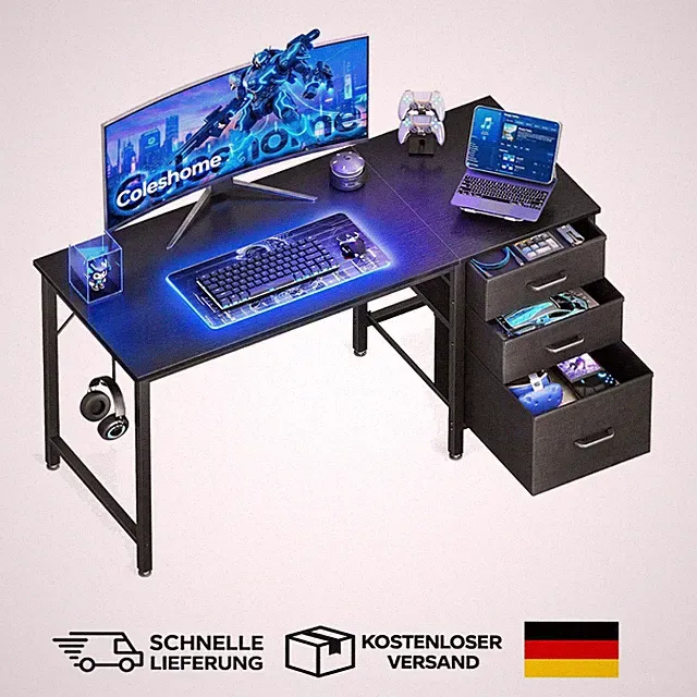 Computertisch L-Form Schwarz 120x48cm mit 3 Stoffschubladen Bürotisch