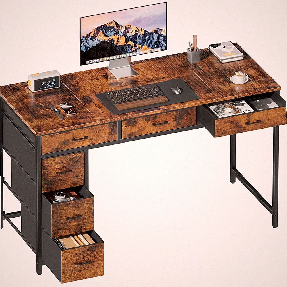 Computertisch mit 6 Schubladen, Bürotisch,für Arbeitszimmer, Schlafzimmer, Weiß