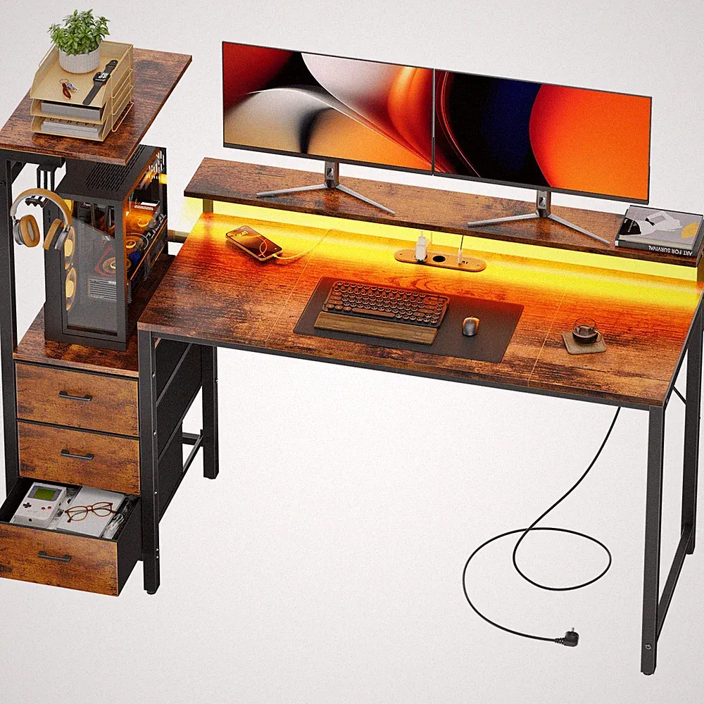 Computertisch mit Schubladen, 152×50cm Gaming Schreibtisch mit LED-Beleuchtung