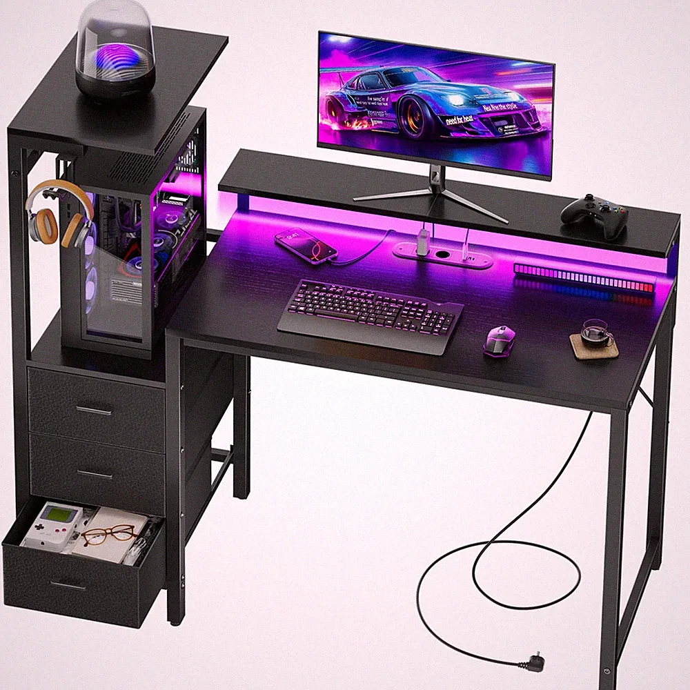 Computertisch mit Schubladen,Gamer Tisch mit LED & Monitorstände, Schreibtisch