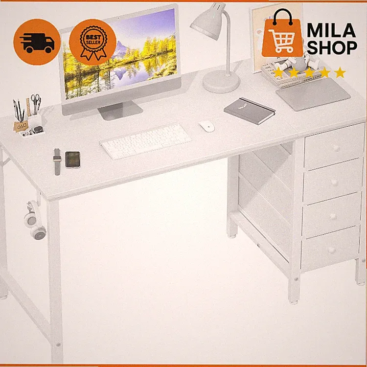 Computertisch Weiss mit Schubladen Schreibtisch Arbeitstisch Buero Homeoffice