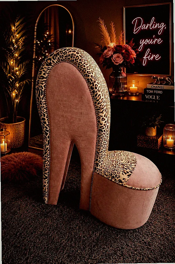 Conistan Rosa Plüsch & Gepard Print Stiletto High Heel Stuhl Y2K Glam