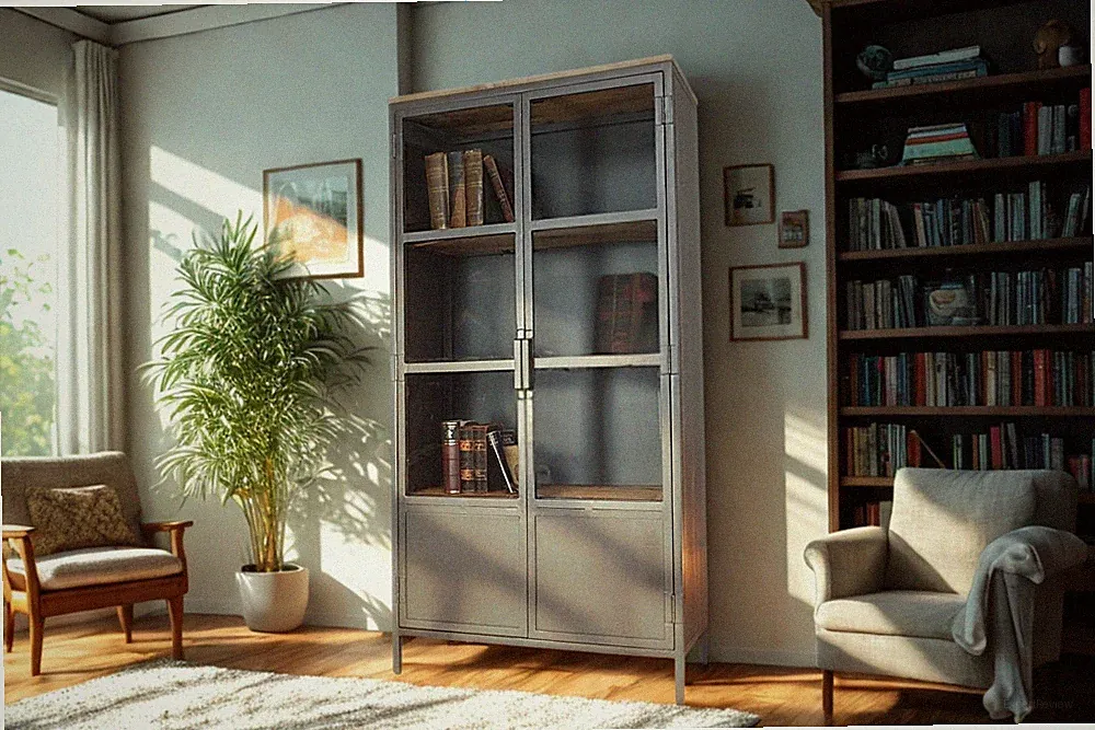 coole Industrie-Design Vitrine aus Eisen und Teakholz, Loftmöbel