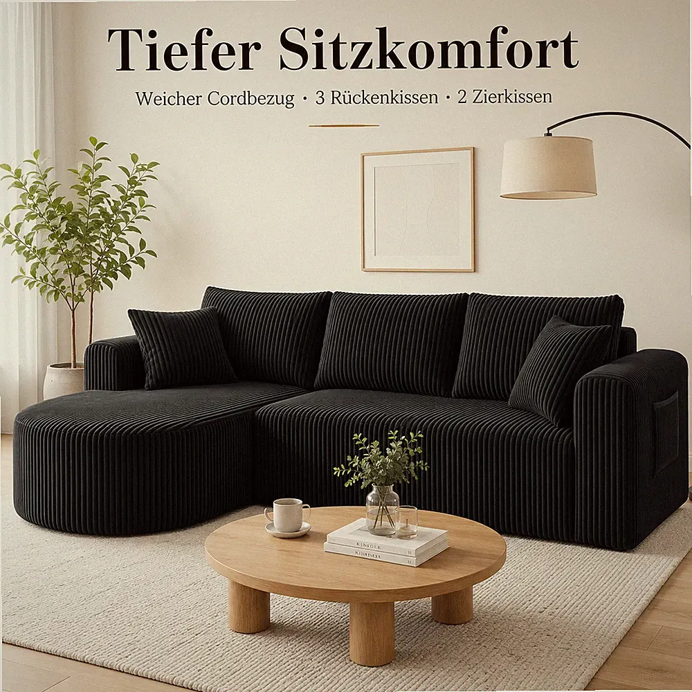 Cord Ecksofa mit Schlaffunktion L-Form Sofa Chaiselongue Kissen Seitentaschen