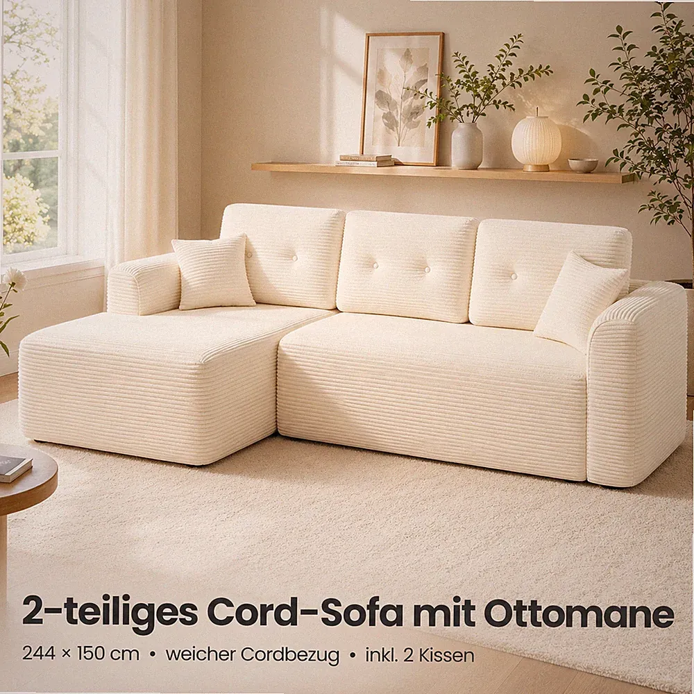Cord Sofa mit Ottomane 244x150 cm 2-teilig Ecksofa Couch Creme/Anthrazit Kissen
