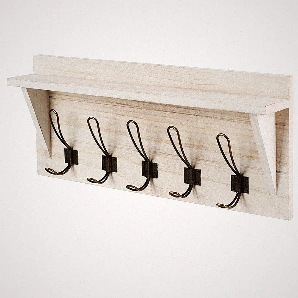 Costway Wandgarderobe mit Ablage Holz Weiß 5 Doppelhaken Shabby Chic 61 cm