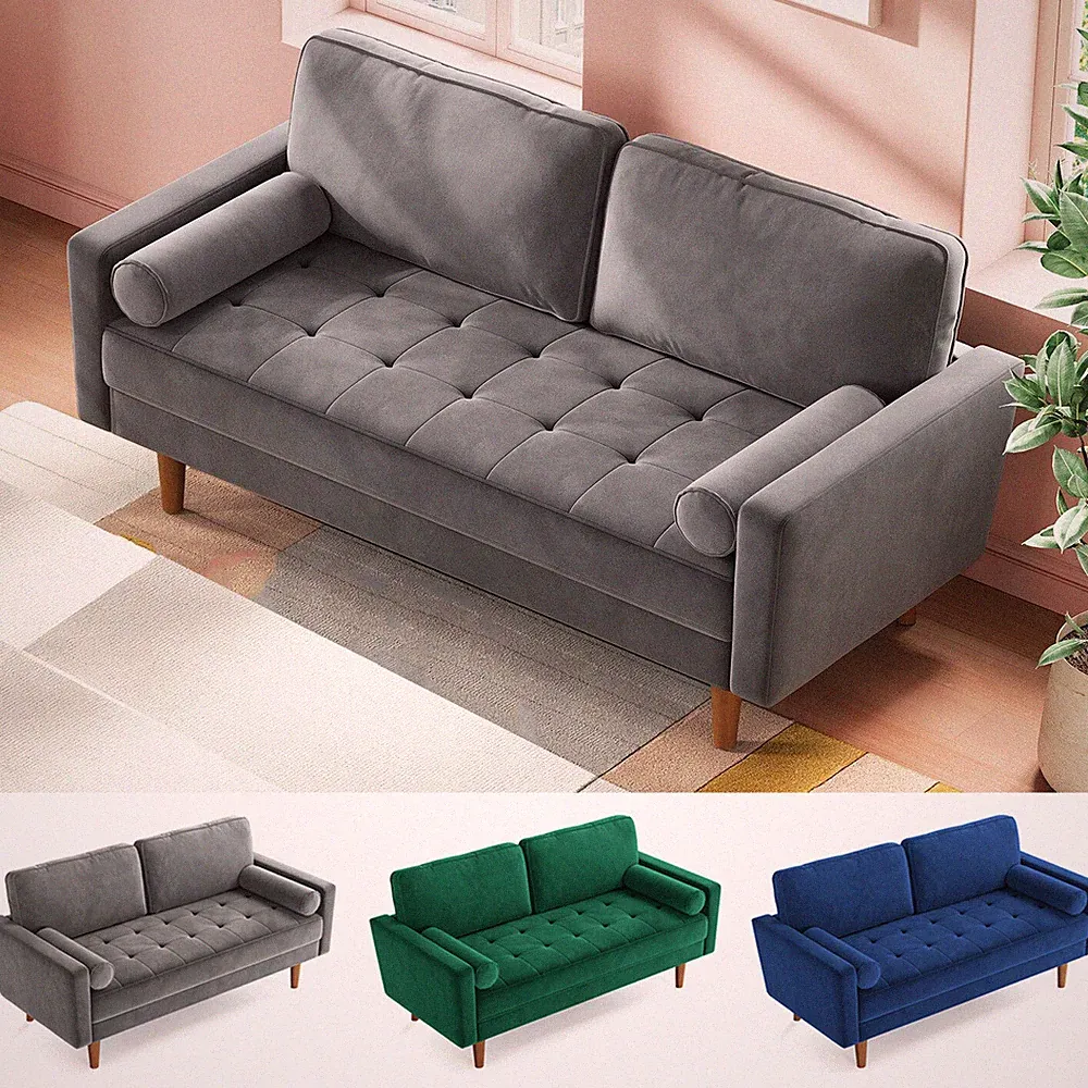 Couch 2 Sitzer Samt Kleine Sofa mit 2 Wurfkissen Modern Mini Sofa für Wohnzimmer