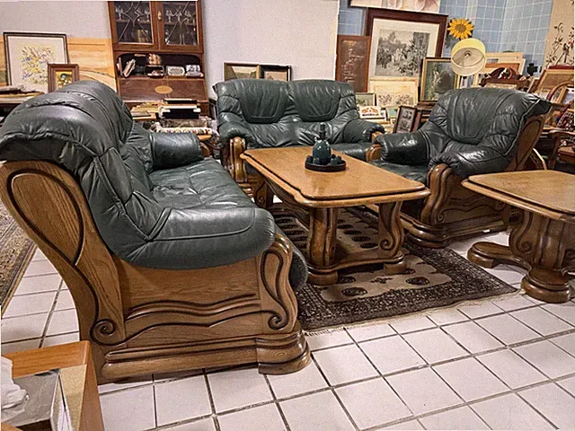 Couchgarnitur Leder grün Chesterfield Landhausstil Tisch Couchtisch 5tlg Eiche