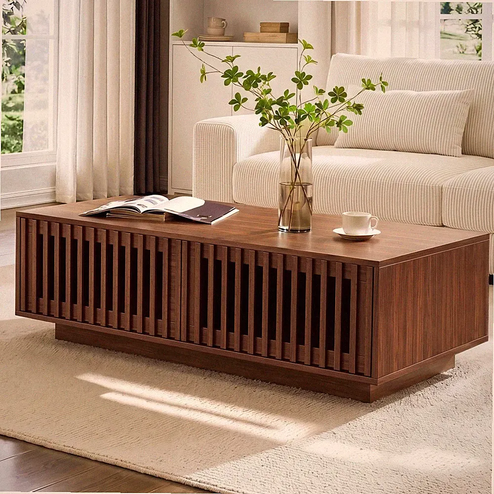 Couchtisch 100x50x35cm Walnuss mit Stauraum 2 Gittertüren Dämpfung Filzgleiter