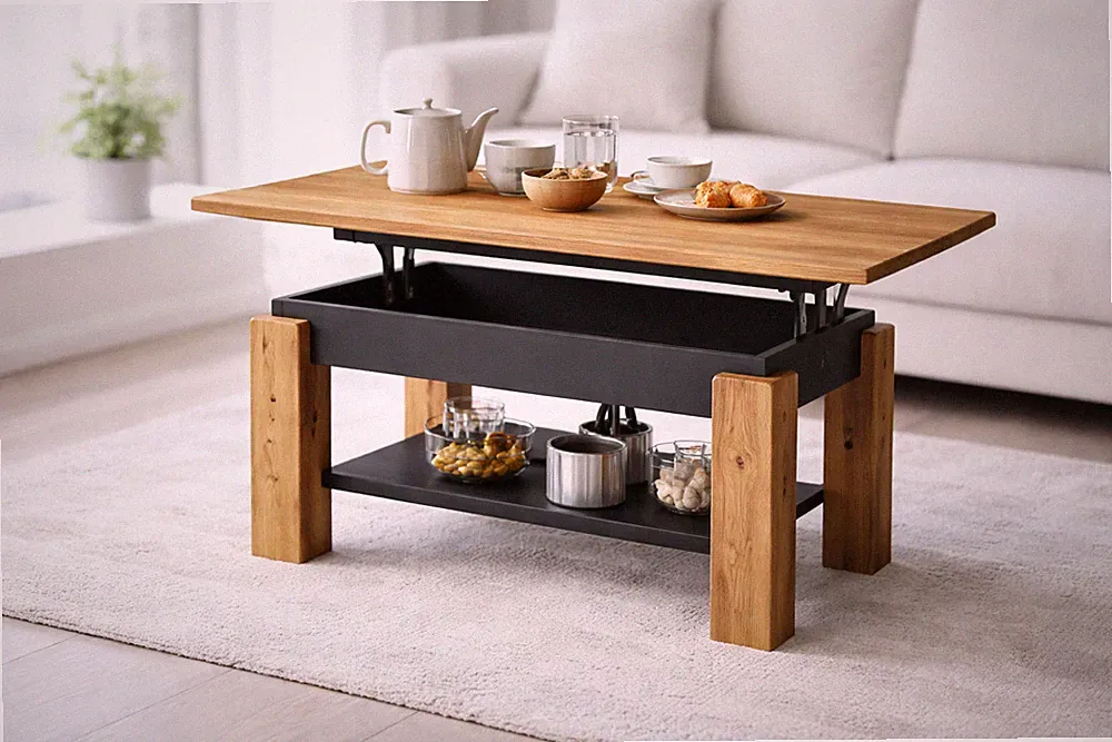 Couchtisch 110–150cm RAST höhenverstellbar ausziehbar mit Ablage Wohnzimmertisch