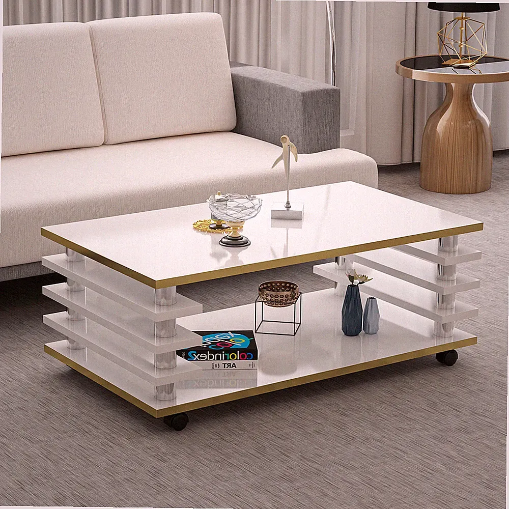 Couchtisch 115x 65 cm Wohnzimmer Tisch Weiß / Gold Baarn Tische Beistelltisch 2