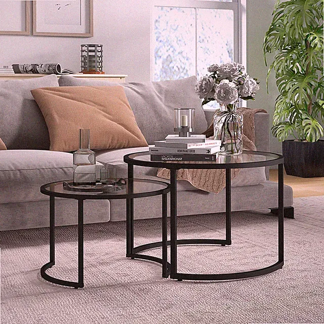 Couchtisch 2er-Set, Beistelltisch mit Stahlgestell, Kaffeetisch Refurbished