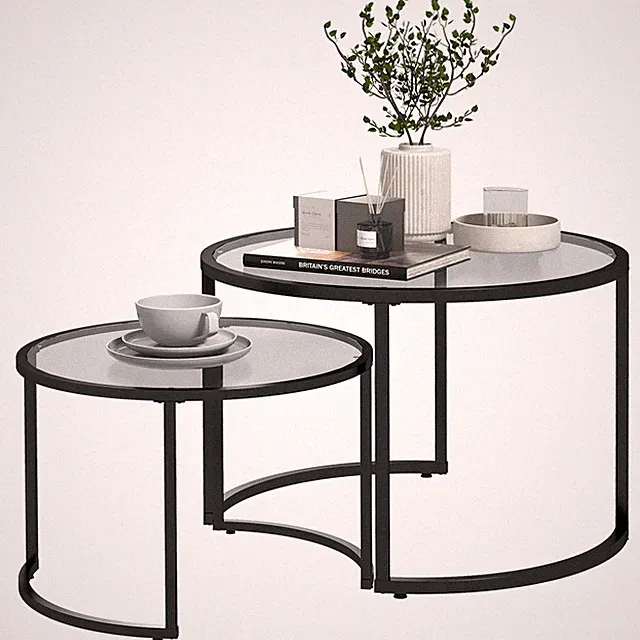 Couchtisch 2er-Set, Beistelltisch mit Stahlgestell, Kaffeetisch, Schwarz