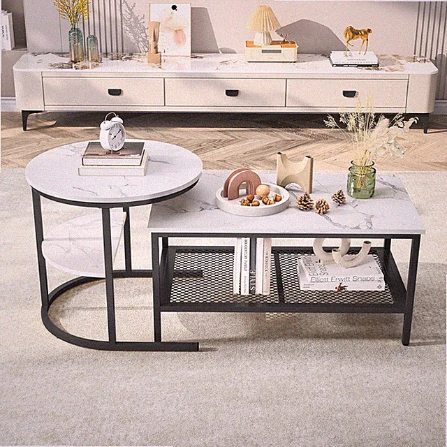 Couchtisch 2er Set Marmor Kaffeetisch Beistelltisch rund Sofatisch Wohnzimmer DE