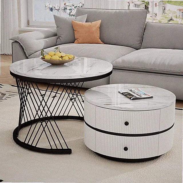 Couchtisch 2er Set Rund Beistelltisch mit Schublade Metallrahmen Wohnzimmertisch