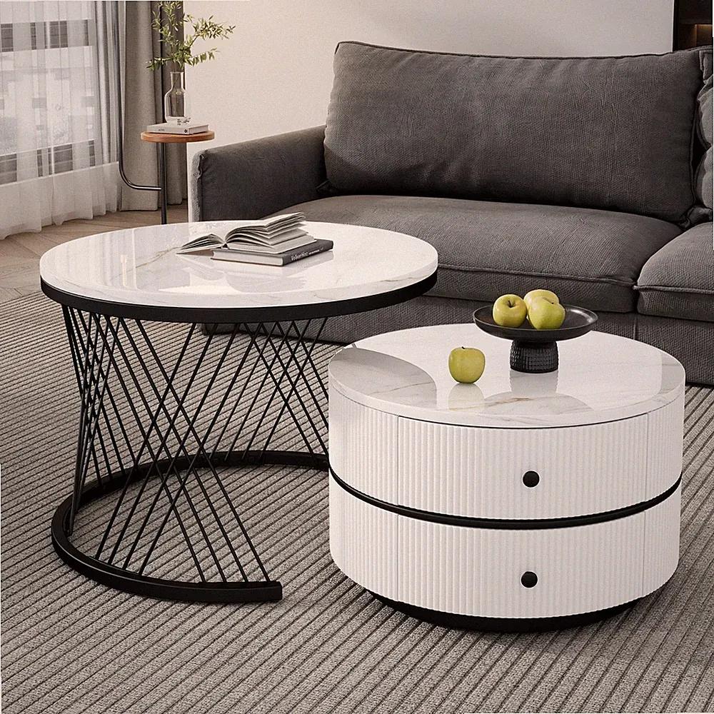 Couchtisch 2er Set Rund Beistelltisch mit Schublade Metallrahmen Wohnzimmertisch