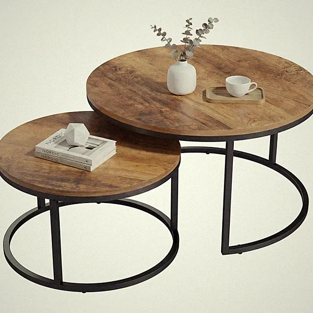 Couchtisch 2er Set, Runde Beistelltische im Industrie-Stil mit Metallgestell