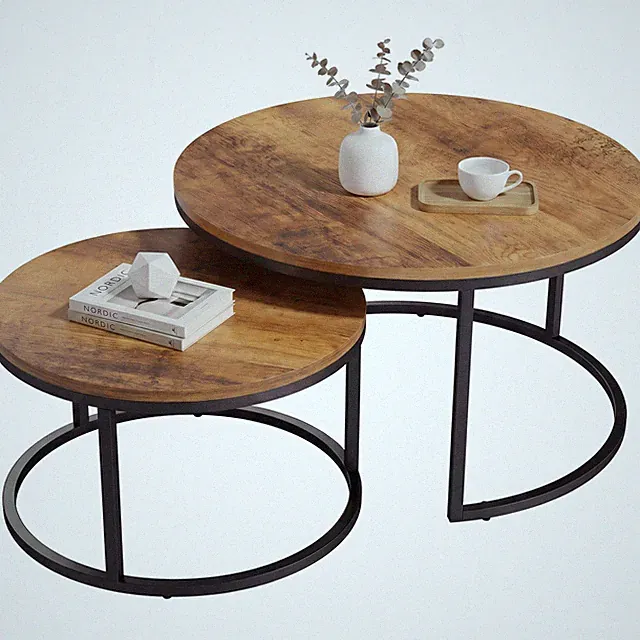 Couchtisch 2er Set, Runde Beistelltische im Industrie-Stil mit Metallgestell