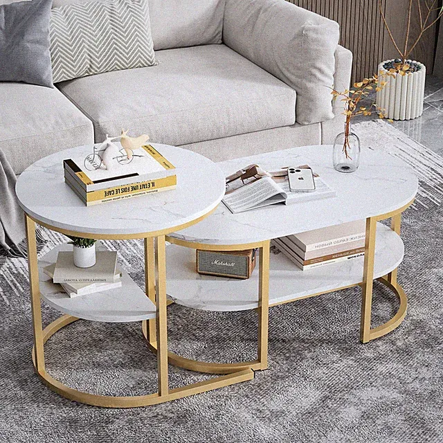 Couchtisch 2er Set Schwarz Gold Marmor Optik rund Sofatisch Wohnzimmertisch