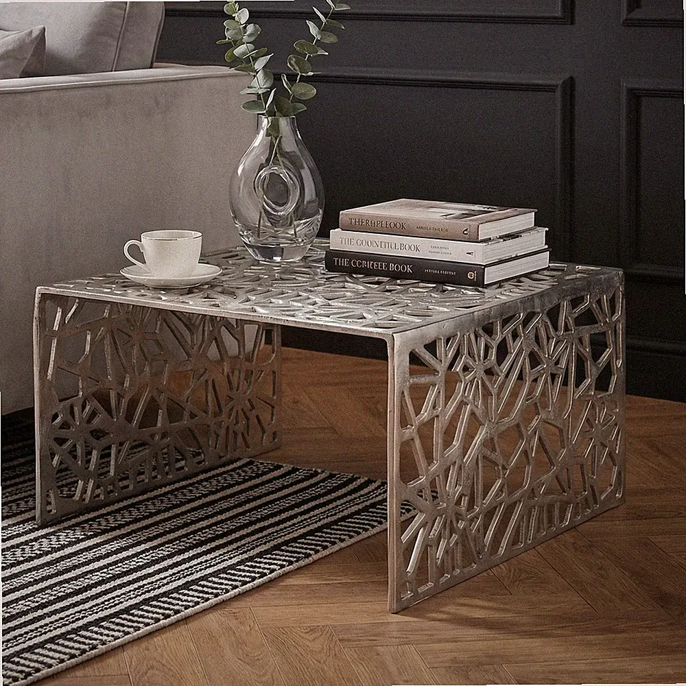 Couchtisch 60cm Aluminium Sofatisch Wohnzimmertisch Metall Silber Quadratisch
