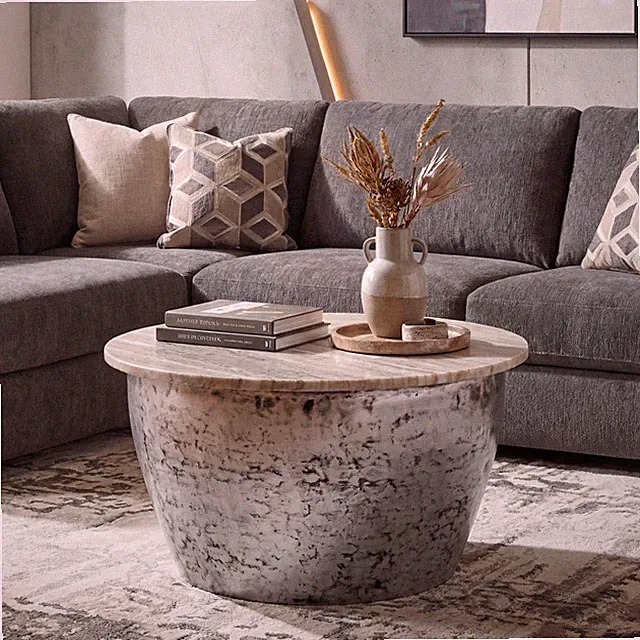 Couchtisch 60cm mit Marmor Platte weiß Wohnzimmertisch Beistelltisch Rund Silber