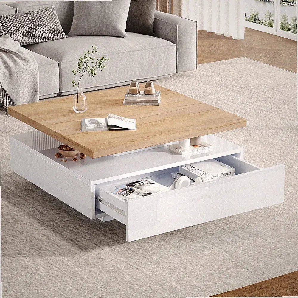 Couchtisch 70x70x36cm drehbar 360° Weiß Walnuss Hochglanz Schublade Stauraum