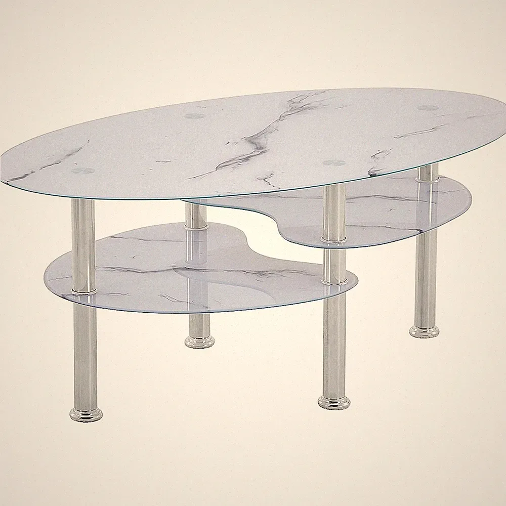 Couchtisch 98x55cm Klarglas mit marmorweißer Ablage