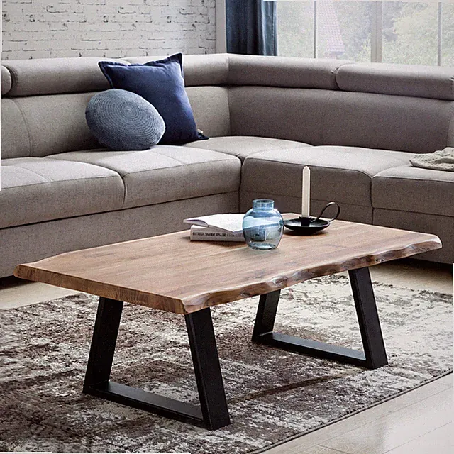 Couchtisch Akazie Massiv 115cm Rechteckiger Wohnzimmertisch Baumkante Metallkufe