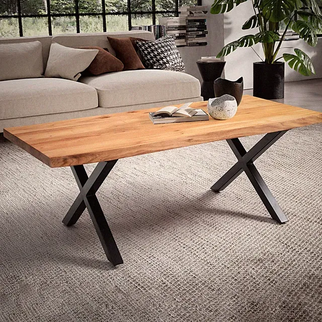Couchtisch Akazie Massiv 120cm · Wohnzimmertisch Baumkante schwarzes X-Gestell