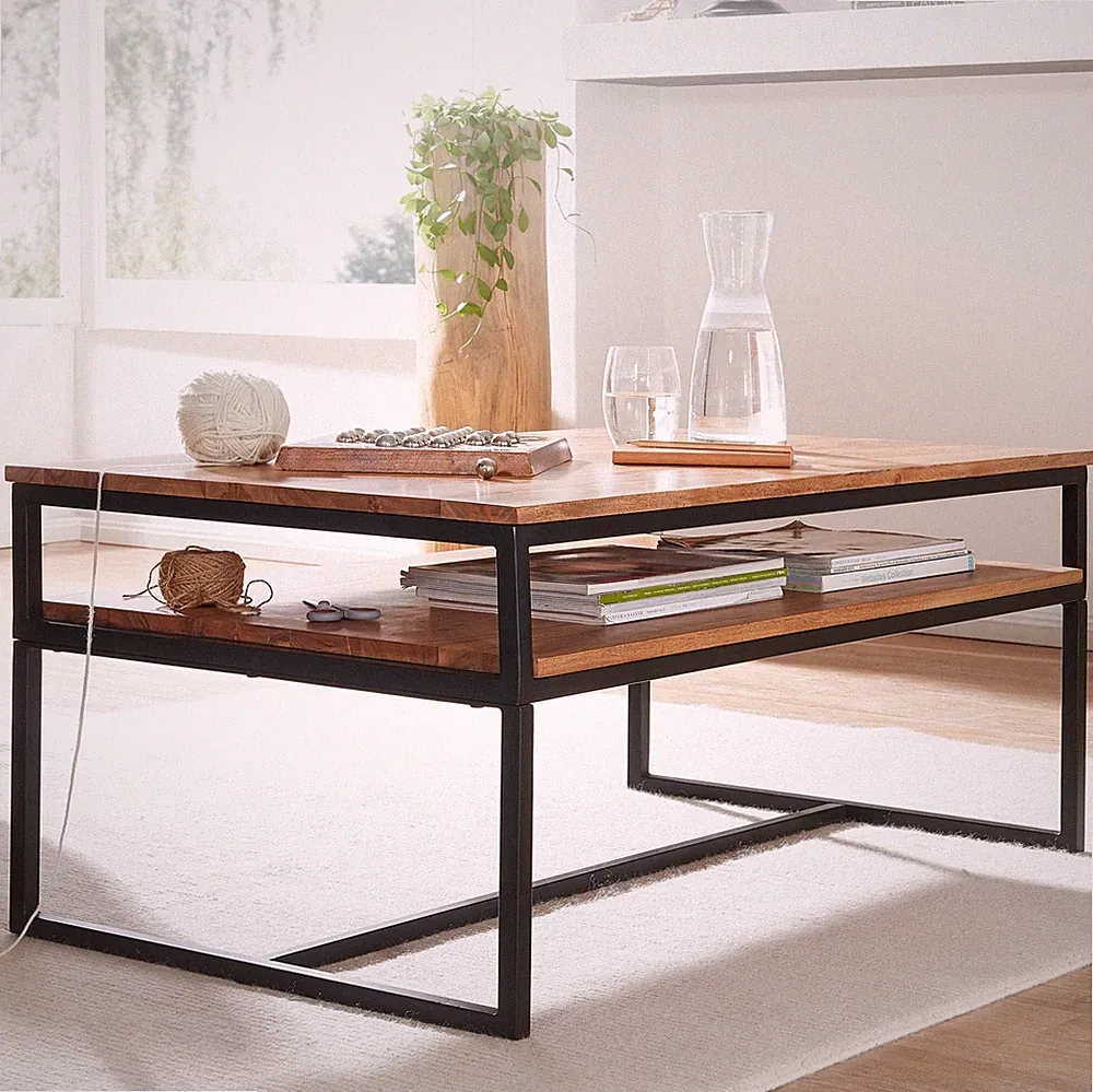 Couchtisch Akazie Massivholz 100cm rechteckig Wohnzimmertisch Ablage Loft Design