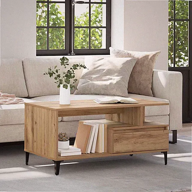 Couchtisch Artisan Eiche 90x49x45cm Ingenieurholz Schublade & Regal modern