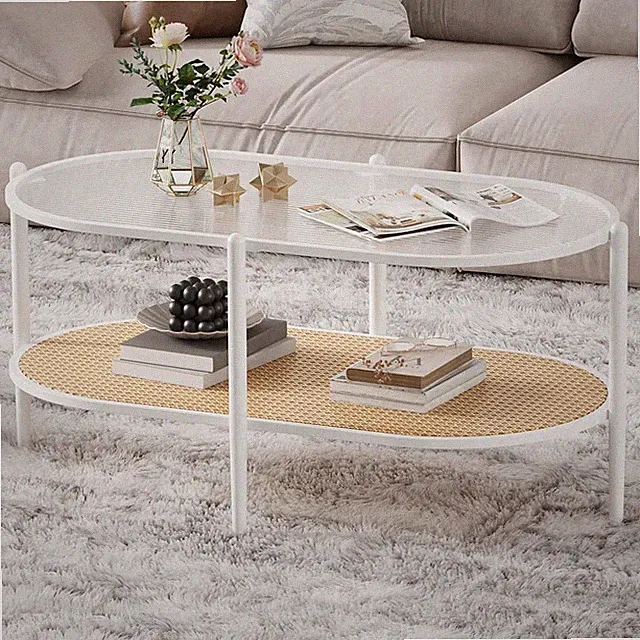 Couchtisch aus Hartglas, Boho Wohnzimmertisch mit Ablagefach oval