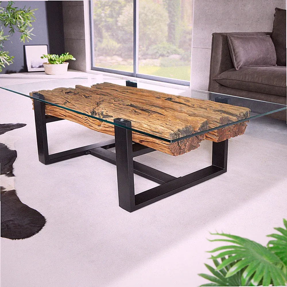 Couchtisch BARRACUDA - 130cm - natur schwarz - Teak Glas Metall - Industrial