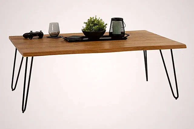 Couchtisch Baumkante massiv Akazie natur 120 x 80 Hairpin-Gestell schwarz NOAH
