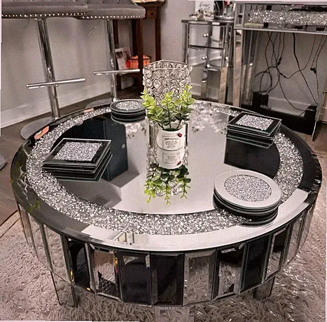 Couchtisch Beistelltisch 60cm rund verspiegelte Glas Wohnzimmertisch Diamant Dec