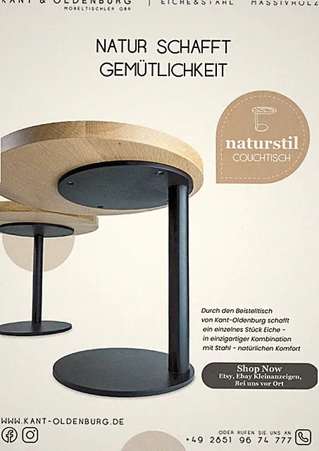 Couchtisch Beistelltisch aus Eiche und Stahl rund