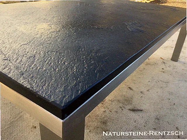 Couchtisch Beistelltisch Natursteinplatte Schiefer schwarz & Edelstahlgestell