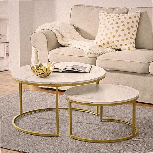 Couchtisch Christchurch 2er-Set Rund Marmoroptik, weiß / Goldfarben [en.casa]