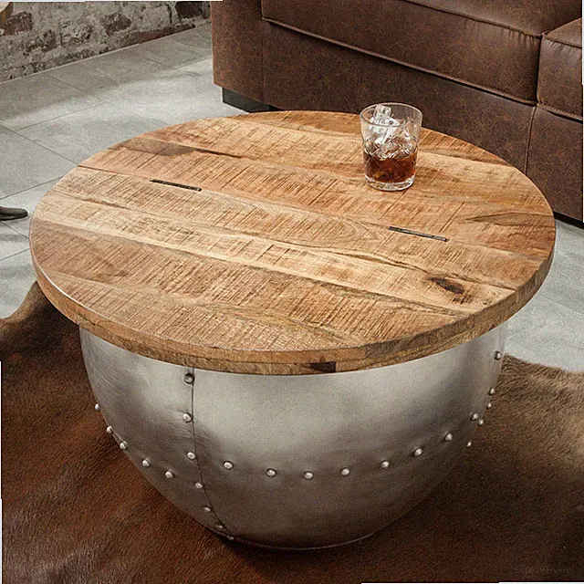 Couchtisch DRUMP STORAGE - 70cm - natur silber - Mangoholz - Stauraum handmade