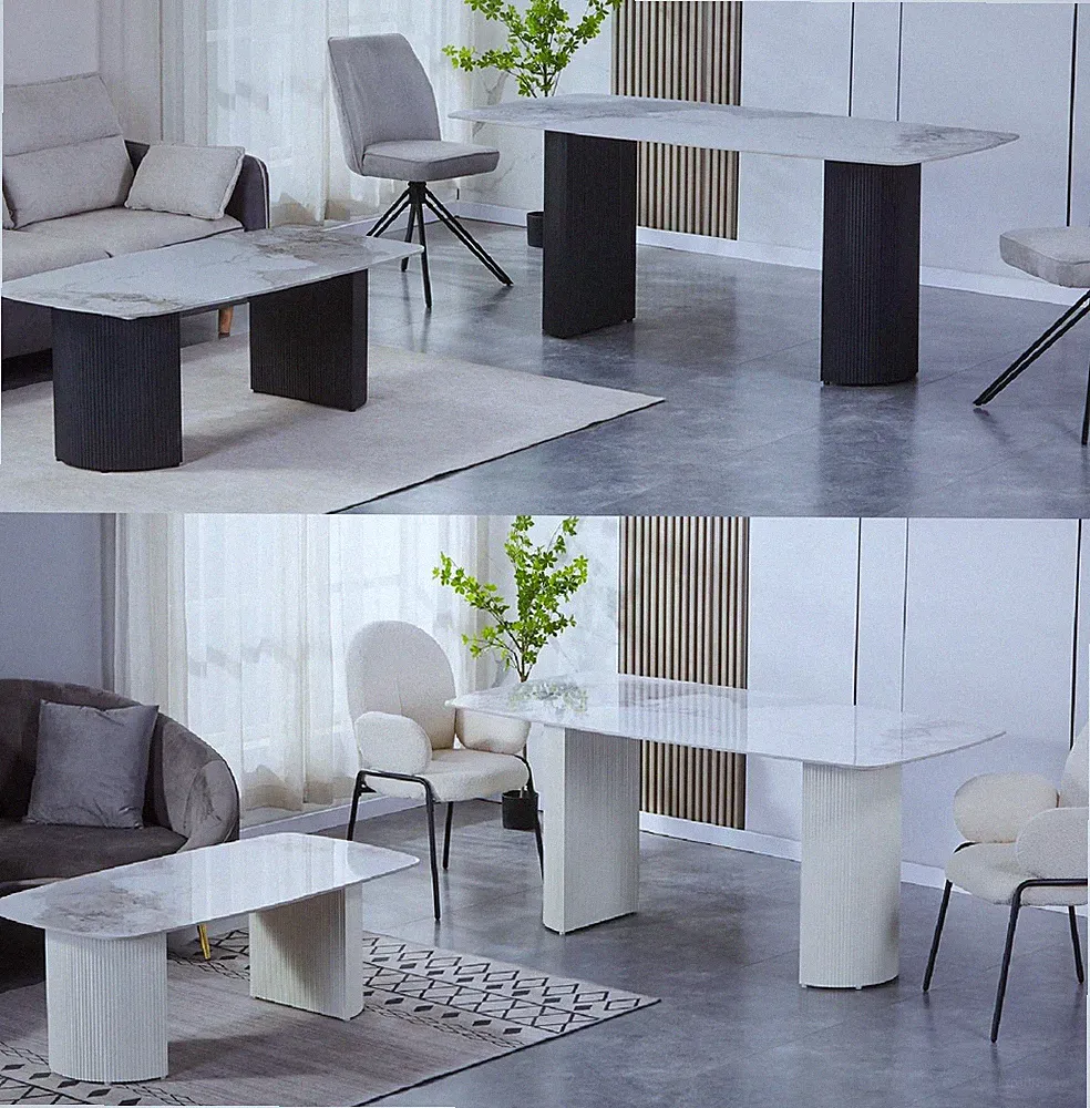 Couchtisch & Esstisch Set Keramik 130x70 & 180x90 cm Schwarz Weiß