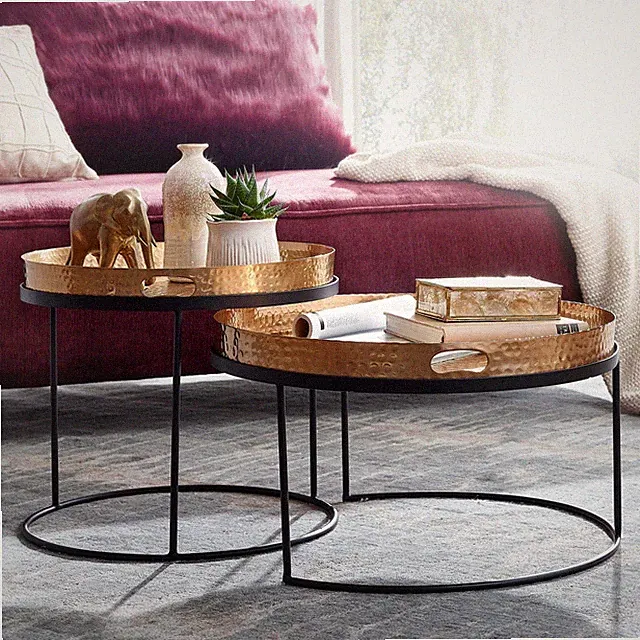 Couchtisch FineBuy 2er Set Gold Metall Tabletttisch Sofatisch Tisch Rund Modern