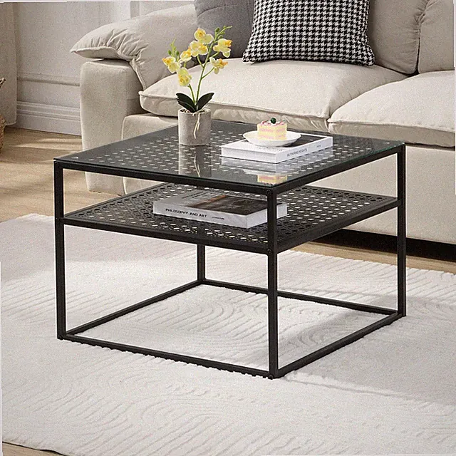 Couchtisch FineBuy Glas Metall 60 cm Quadratisch Wohnzimmertisch Ablage Schwarz