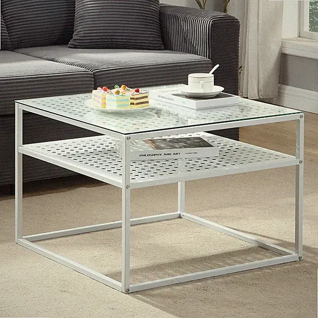 Couchtisch FineBuy Glas Metall 60 cm Quadratisch Wohnzimmertisch Ablage Weiß