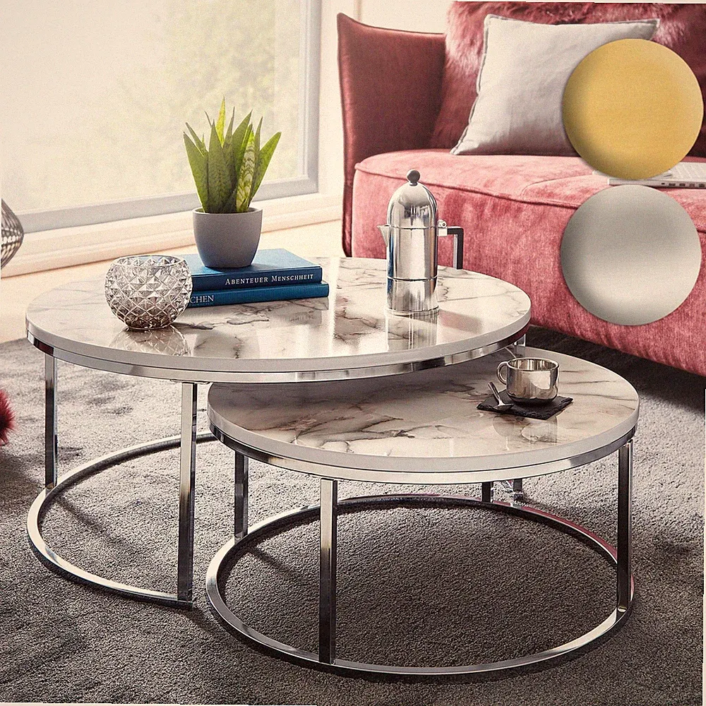 Couchtisch FineBuy Sofatisch 2er Set Weiß Marmor Optik Satztisch Tisch Rund