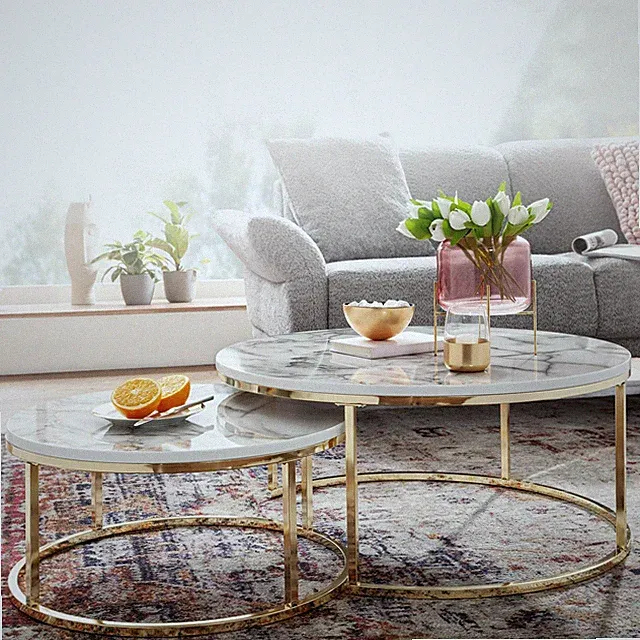 Couchtisch FineBuy Sofatisch 2er Set Weiß Marmor Optik Satztisch Tisch Rund